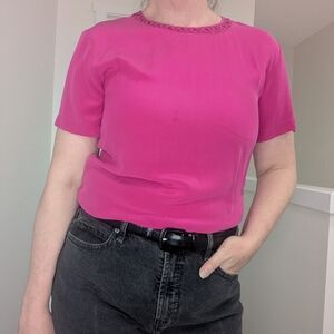 100% Silk Blouse Short Sleeve with Neck detail, Pink, Size M